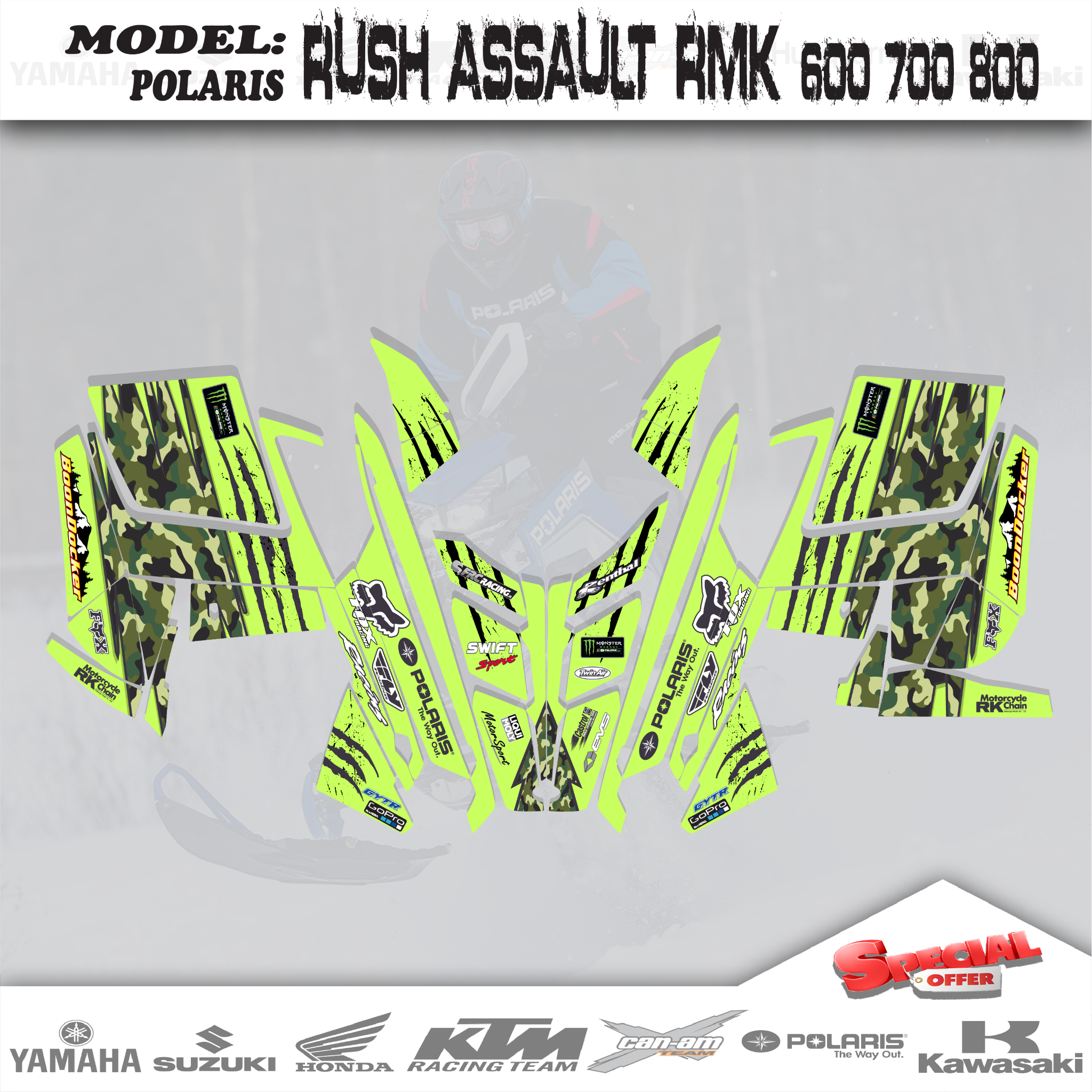 Graphic Decals Kit Green 4 Polaris 600 800 RUSH PRO-RMK ASSAULT, INDY 2010-2015