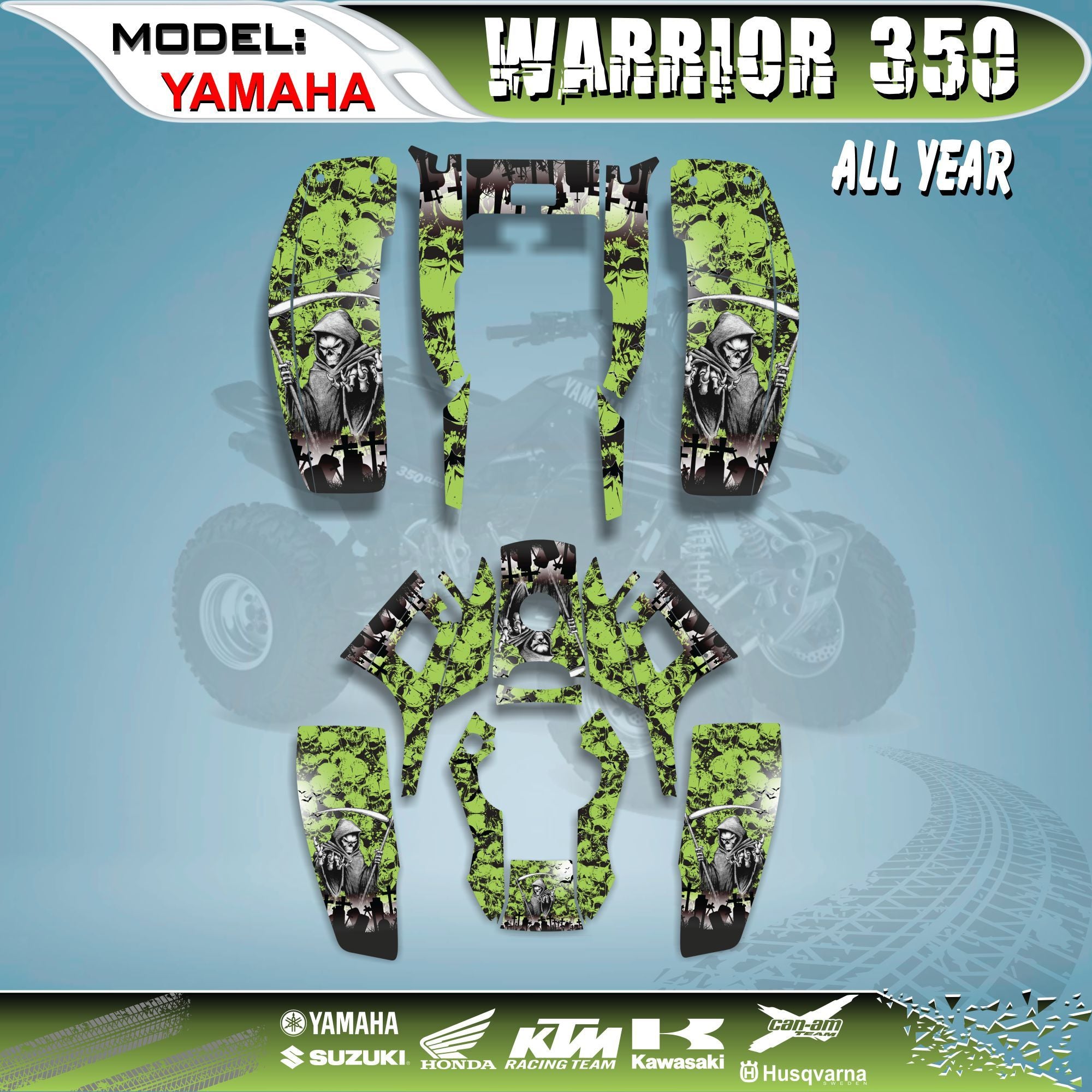 Graphics Kits Decals Stickers Reaper Green 4 YAMAHA WARRIOR 350 ALL YEAR