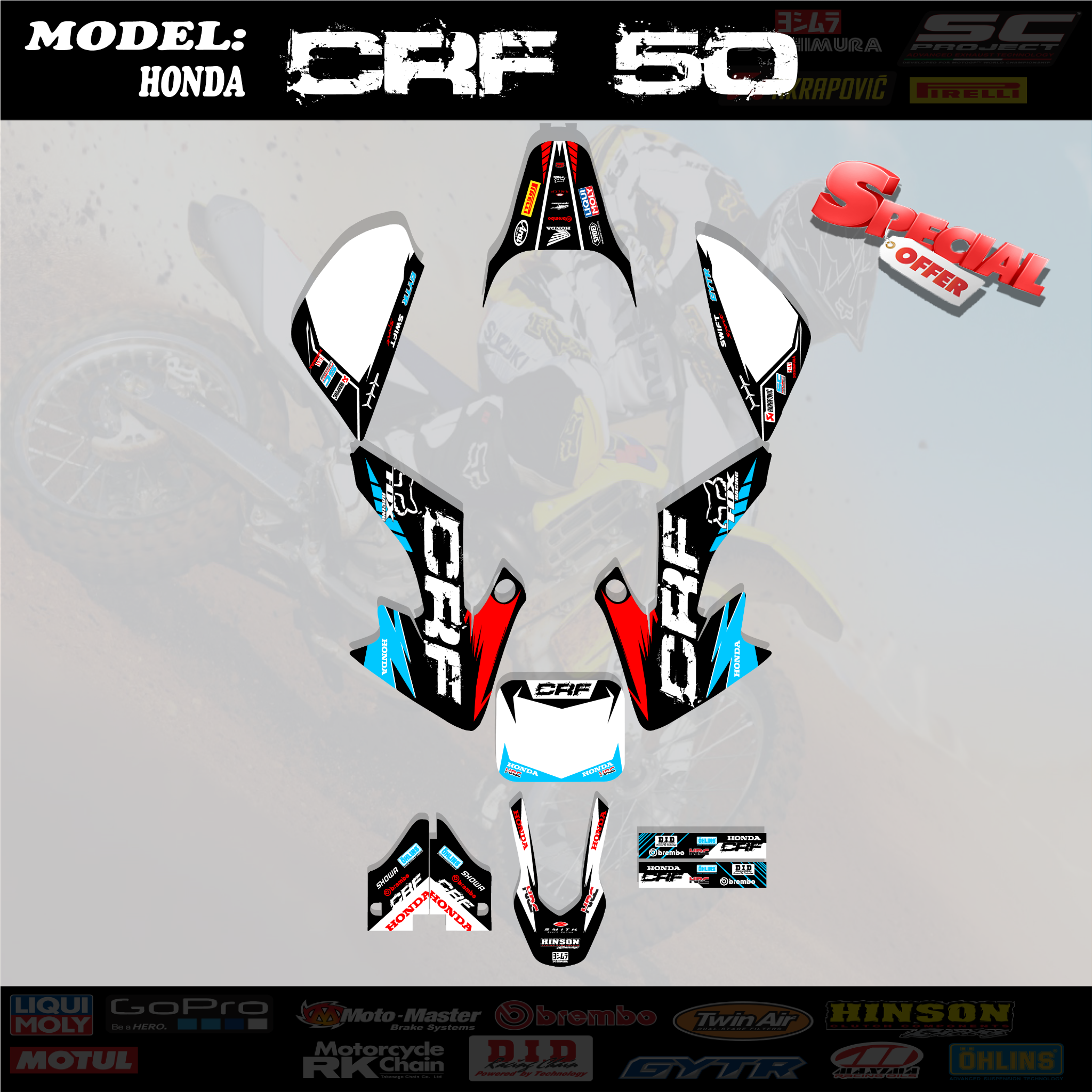 Graphics Kits Decals Sticker Racing Team BLACK 4 HONDA CRF 50 CRF50 2004-2019