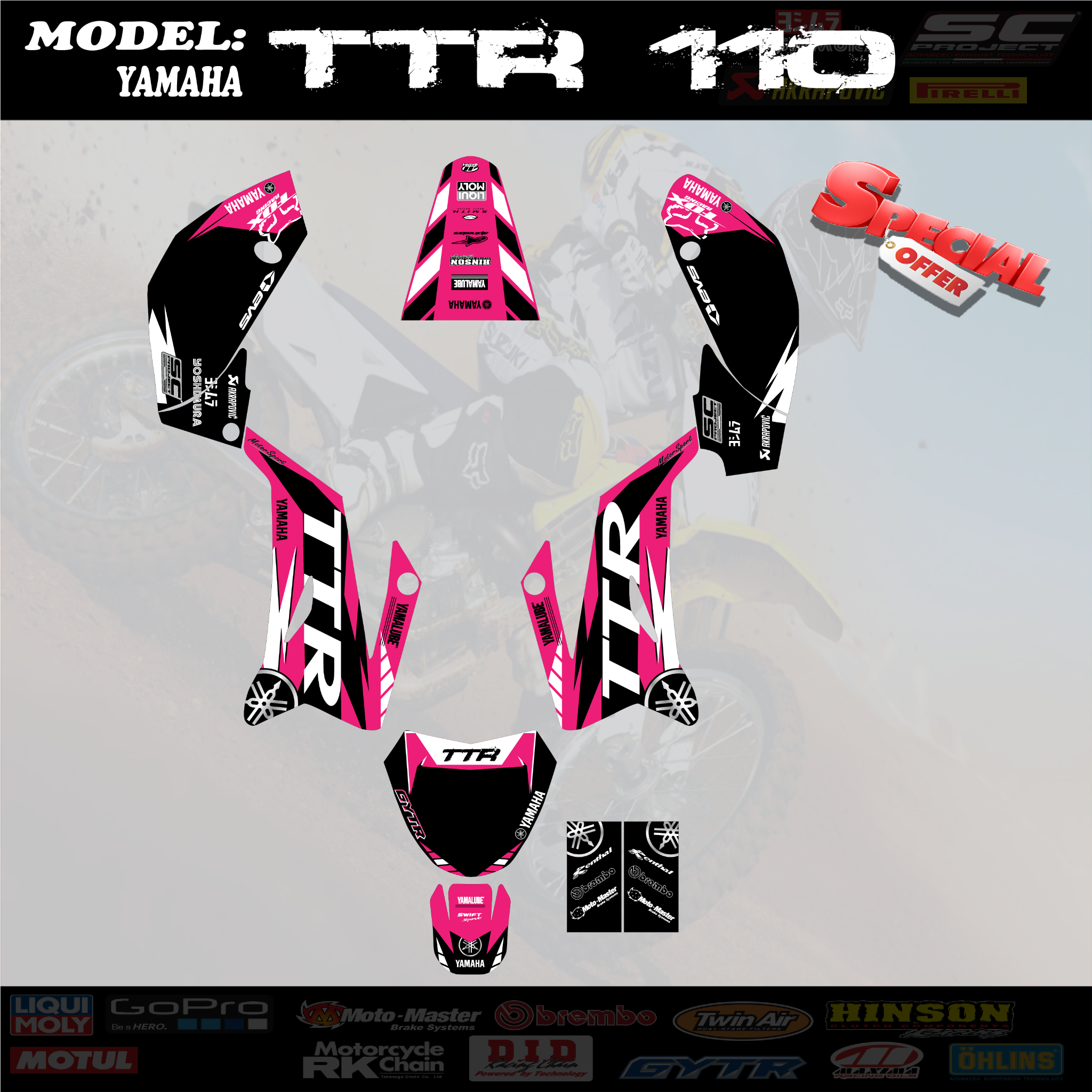 Graphics Kit Decals Race Team Pink For YAMAHA TTR 110 TTR110 2008-2019