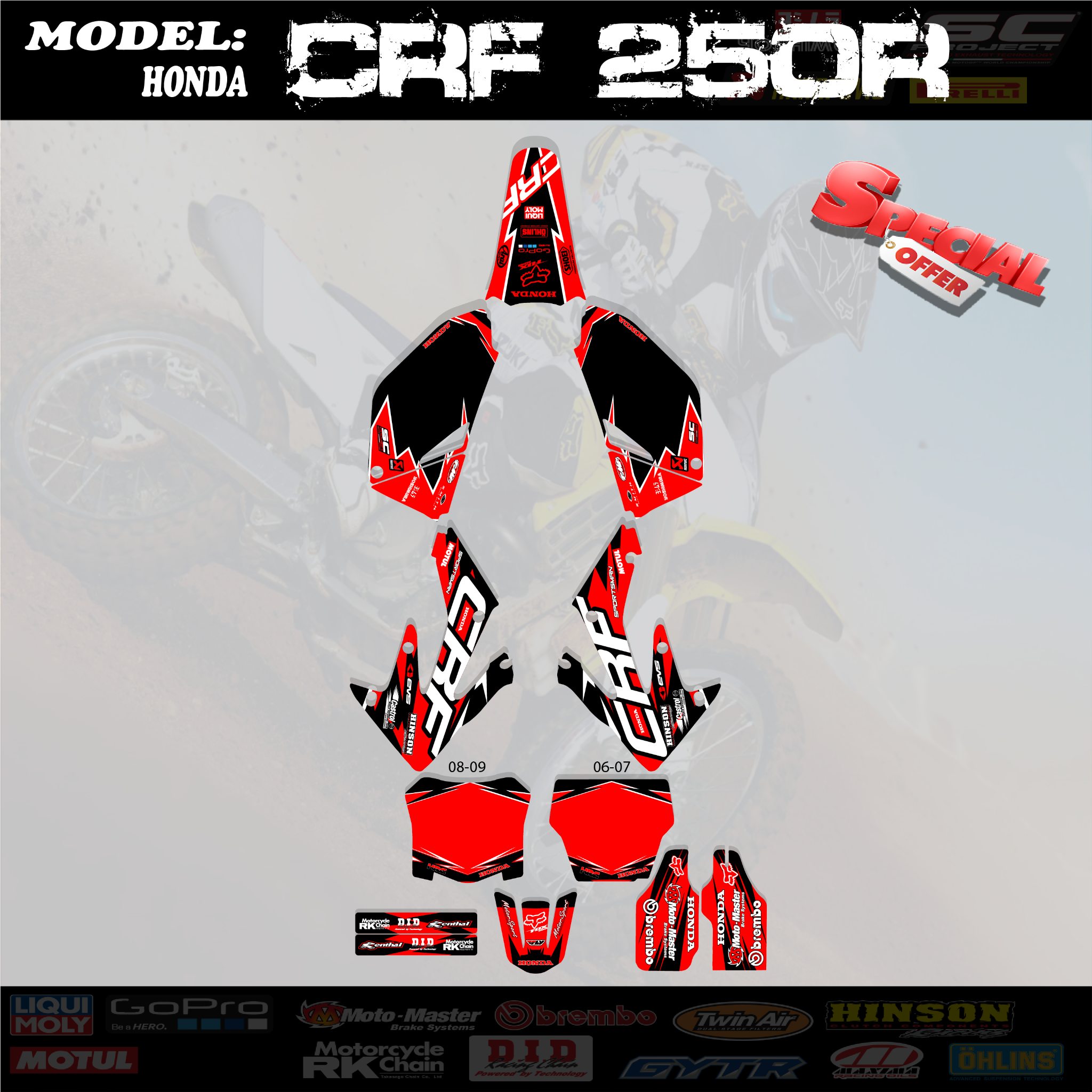 Red & Black Shift Graphics Kit 4 2006-09 Honda Crf250R CRF 250 250R Shroud Decal