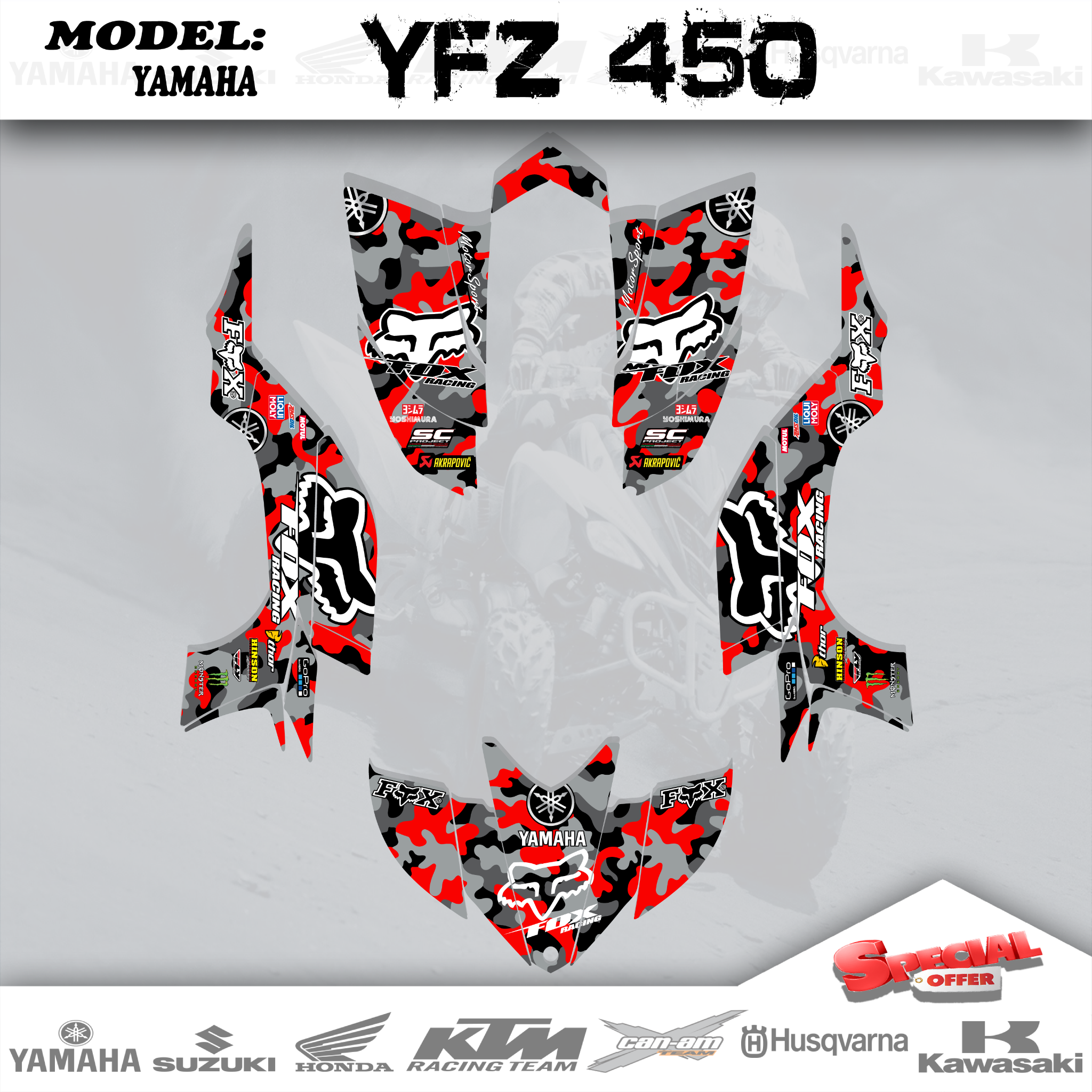 CP FoxRed   Wrap Graphics Kit Decals ATV 4 Yamaha YFZ 450  2003-2008