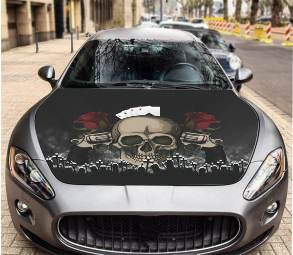 Decal Skull in Hat Car Hood Wrap Graphics Guns & Roses Sticker For Ford Mustang