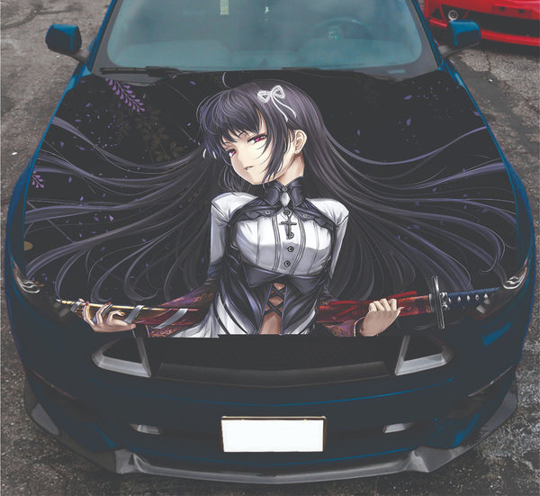 Vinyl Decal Anime Girl Car Hood Wrap Full Color Graphics Fighter Sword Sticker