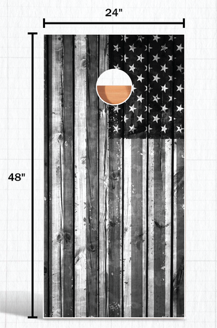 Grayscale Wood American Flag Cornhole Game USA Wrap Distressed Bag Decal Board