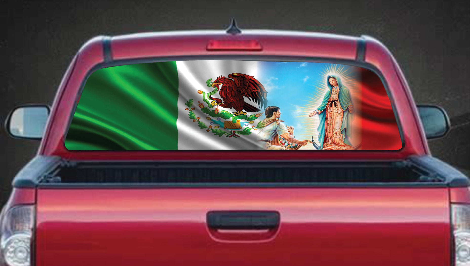 Mexican Flag Virgen de la Guadalupe Rear Window Perforated Graphic Decal Truck