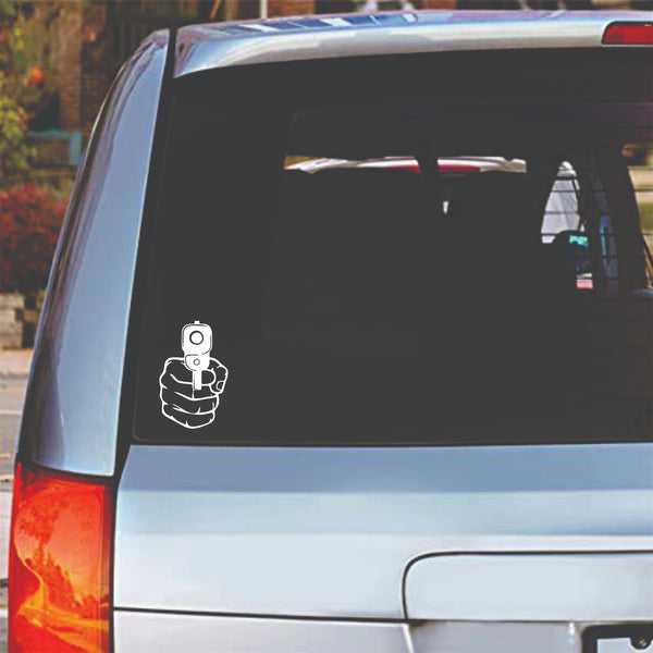 people hand with gun car van window bumper laptop JDW VINYL decal sticker