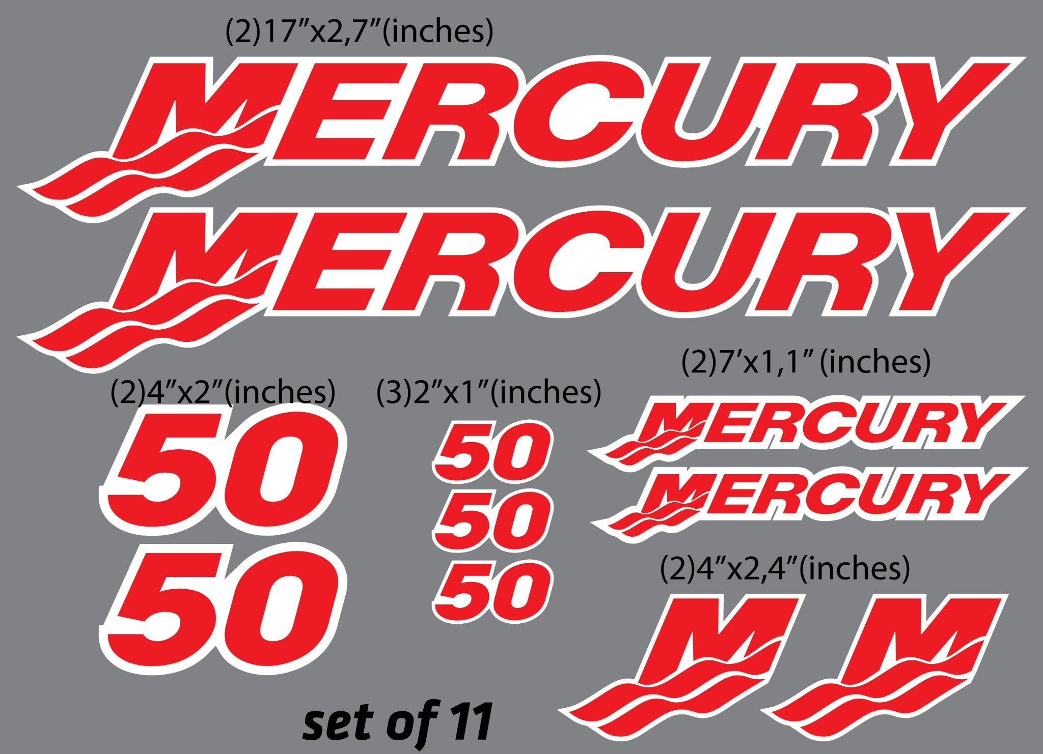 (11pc) Set of 50 Hp Mercury outboard cowling decal set custom color choices