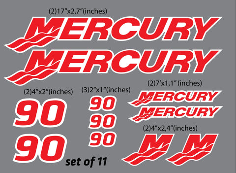 (11pc) Set of 90 Hp Mercury outboard cowling decal set custom color choices