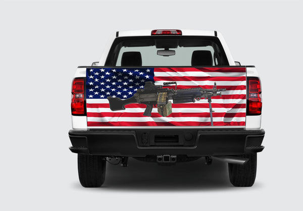 Flag US w Machine Gun Tailgate Wrap Vinyl Graphic Decal Sticker Wrap Car Truck