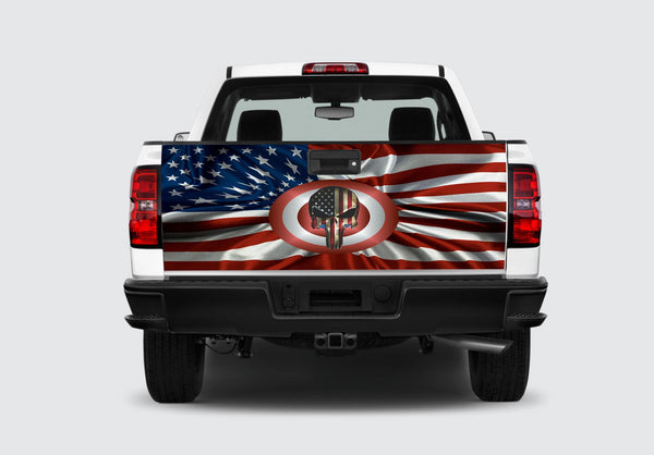 Patriotic Skull W Flag Tailgate Wrap Vinyl Graphic Decal Sticker Wrap Car Truck