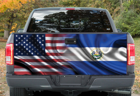 American and El Salvador Flag Tailgate Wrap Vinyl Graphic Decal Sticker Truck